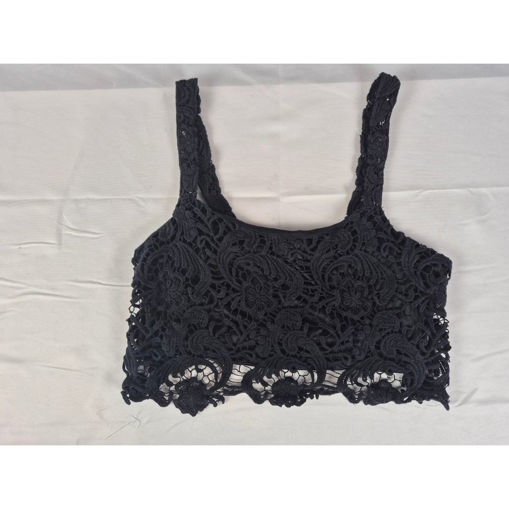 New Look Women Large Black Lace Crochet Crop Top Boho Festival Goth Y2K Bralette